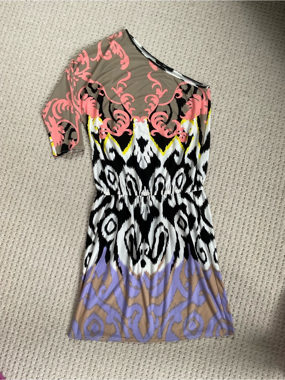 Tibi One-Shoulder Mixed-Print Dress in Salmon, Black, White & Lavender
